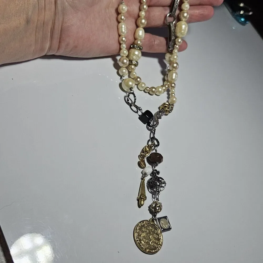 CABI 2147 Treasure Necklace Pearls Semipreci Beaded Charms Coin Gold Silver Tone